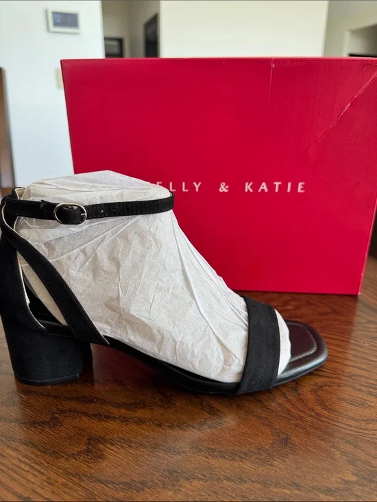 Kelly & Katie Black Suede Open-Toe Block Heel Sandal with Ankle Strap