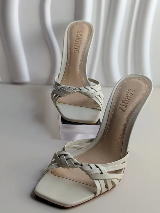 SCHUTZ Tara Leather Mule Sugar White Woven Stiletto Heels Size 8 NWT