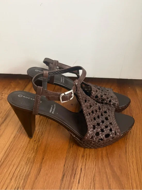Rockport Leather Adiprene by Adidas Cushion Woven Brown Open Toe Heels 9.5