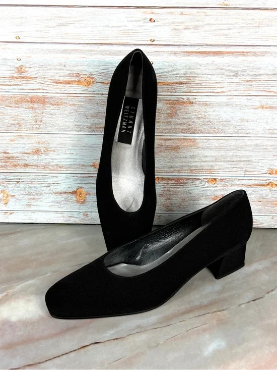 Stuart Weitzman Black Low Block Heel Pumps — Classic Square Toe - EUC