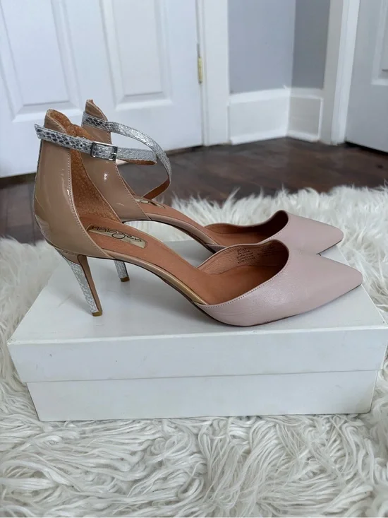 Halogen Nude Leather Pointed Toe Heels with Silver Snake Print Stiletto