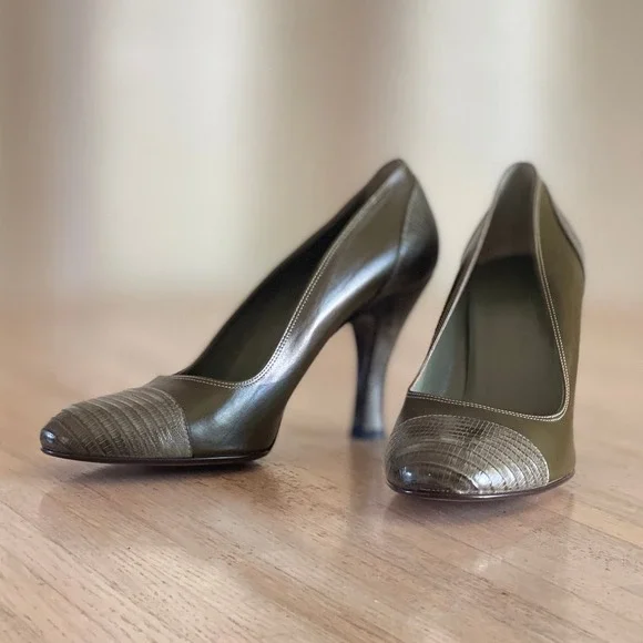 NWOB Cole Haan City Olive Green Leather Lizard Skin Pumps Made in Italy Size 9 B