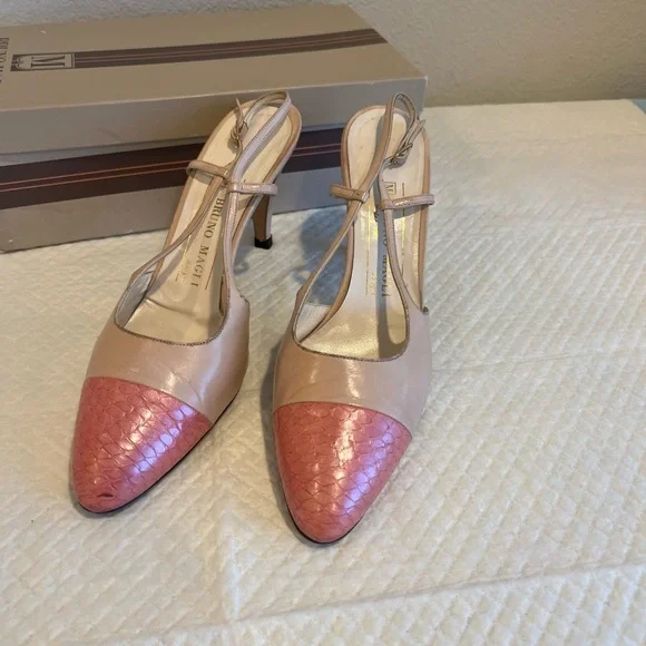 Vintage Bruno Magli  Beige & Pink Slingback Heels Size 8AA