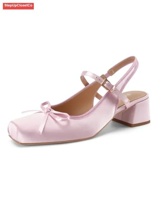 Pink Square Toe Slingback Heels Ballet Chunky Low Block Heel Pumps