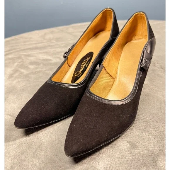 Smartaire Womens Pumps 8 AAA Black Suede Pointed Toe Buckle Heels