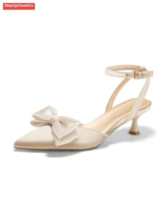 Women's Satin Kitten Heels Bow Pearl Closed Toe Pointed Pumps Wedding Shoes