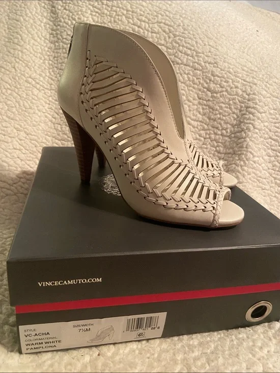 Vince Camuto Warm White Woven Peep-Toe Heel Booties - Neutral Leather