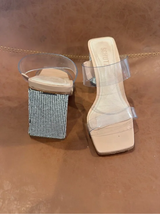 SCHUTZ Nude Clear Strap Rhinestone Block Heel Sandals