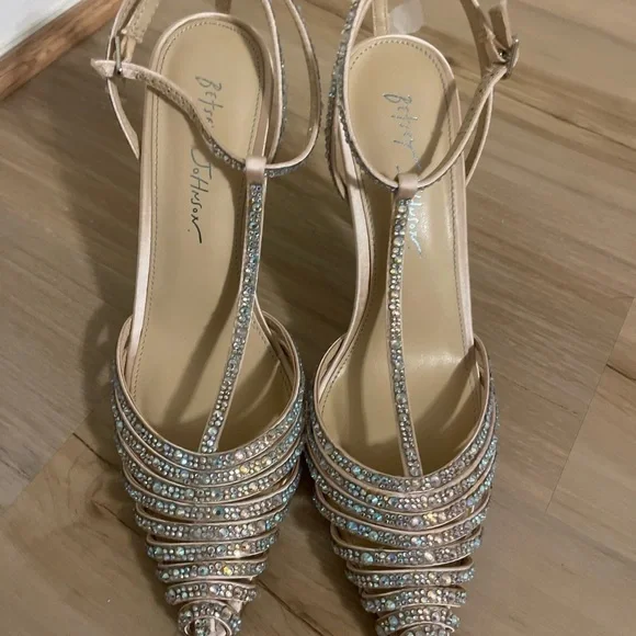 Betsey Johnson Rhinestone Strappy Heels - Cream and Silver Size 8.5