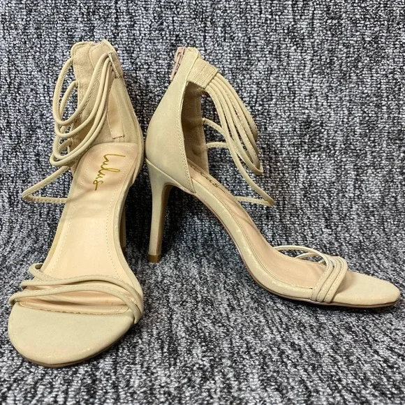 Lulus Strappy Stiletto Sandals Womens 6 Beige‎ Vegan Leather Dress Shoes