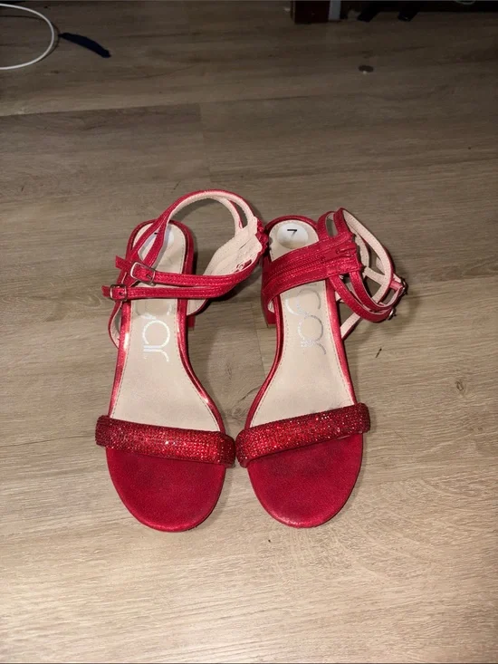Red Women’s Ankle-Strap Sandals with Glitter Toe Band