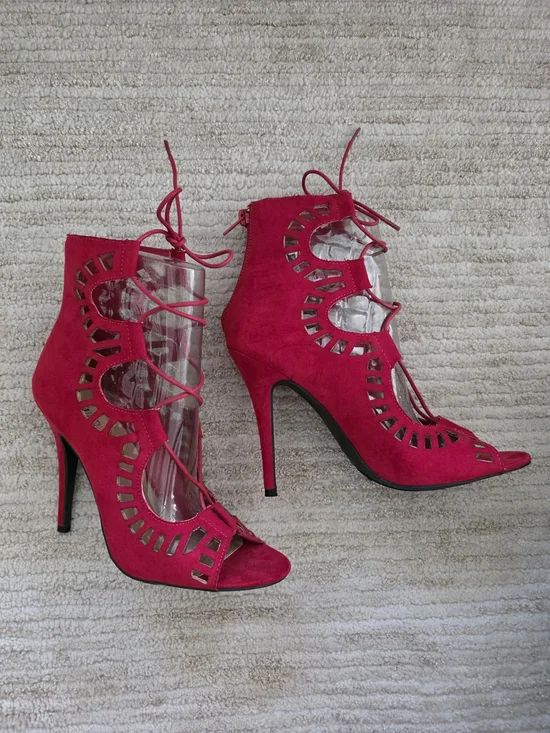 JustFab Red Suade Lace-Up Cutout Heel Sandals