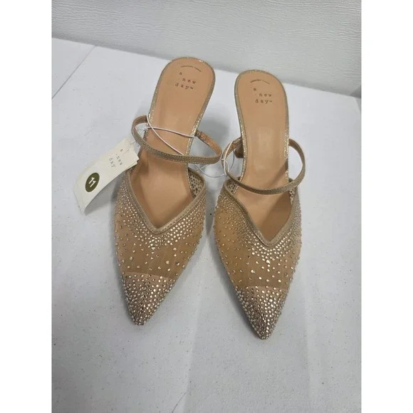 A New Day Womens Gold Rhinestone Mesh Pointed Toe Pumps Stiletto Heels Size 11