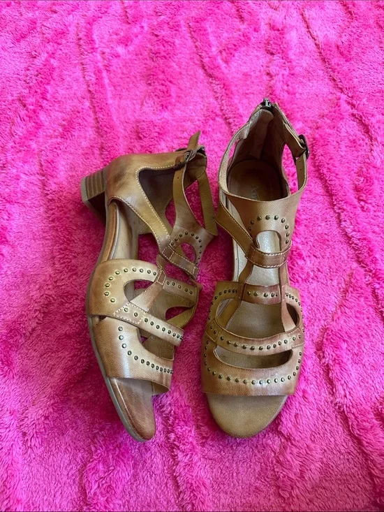 Antelope Tan Studded Strappy Block Heel boho Sandals
