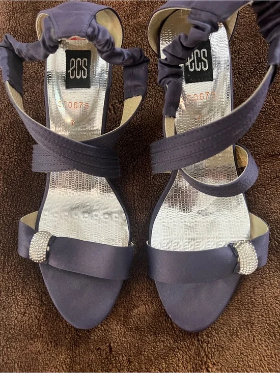 Navy Satin Heeled Sandals with Crystal Accent