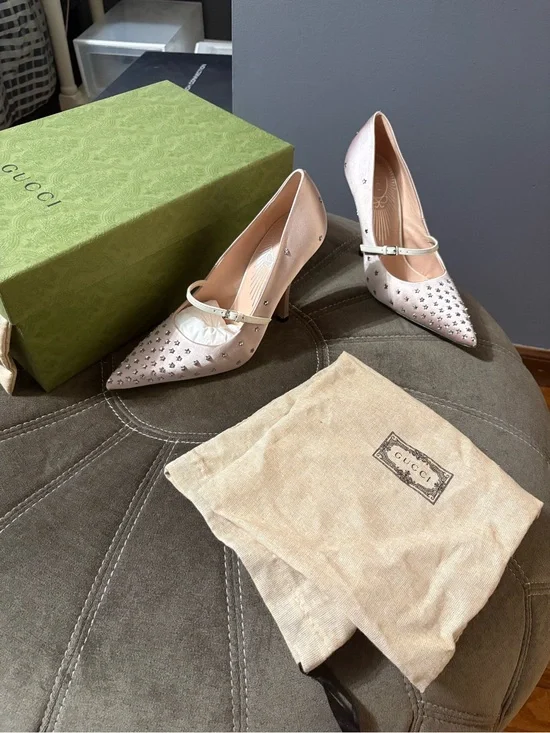 Gucci Blush Pink Studded Pointed Mary Jane Pumps