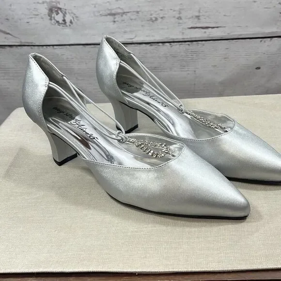 Easy‎ Street Alive 5 Silver Rhinestone Pointed Toe Block Heel Pumps Womens 9W