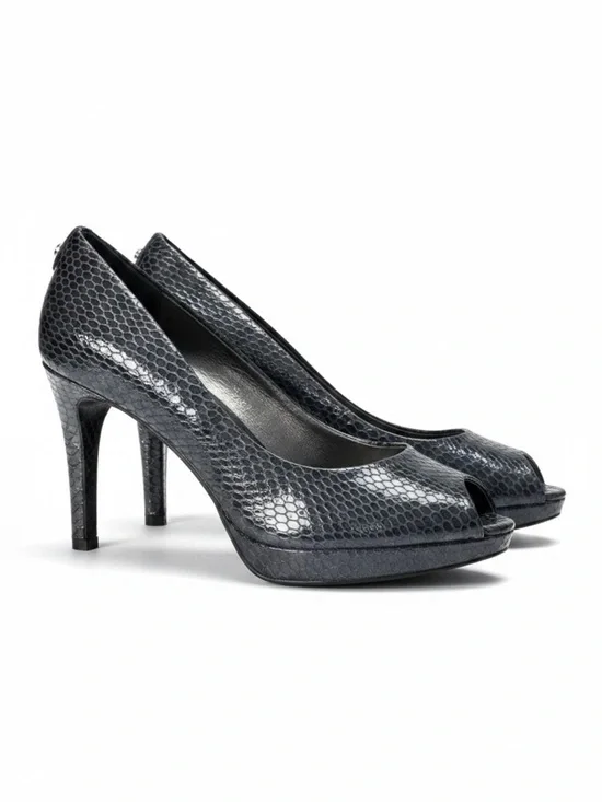 Stuart Weizmann Blue Leather Logoplainfield Snakeskin Peep Toe Pump Shoe 9 W