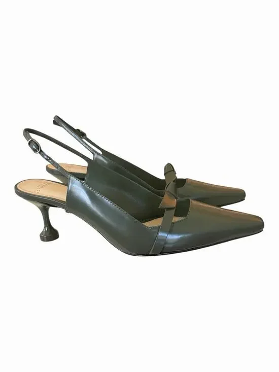 Alexandre Birman Slingback Pumps 37 Green Leather Bow Kitten Heel NIB