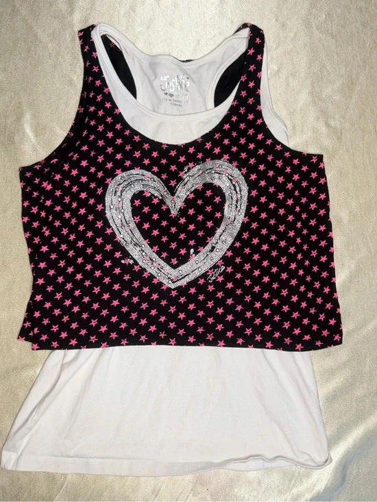 Justice Girls Layered Tank Top Black w/ Pink Stars &Silver Glitter Heart Sz 18