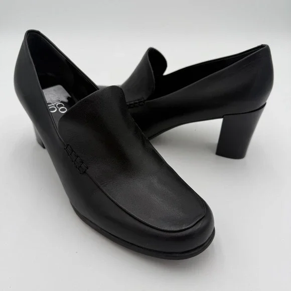 Franco‎ Sarto Nolan Pump Black Leather Block Heel Loafers High Heels Shoes 9.5