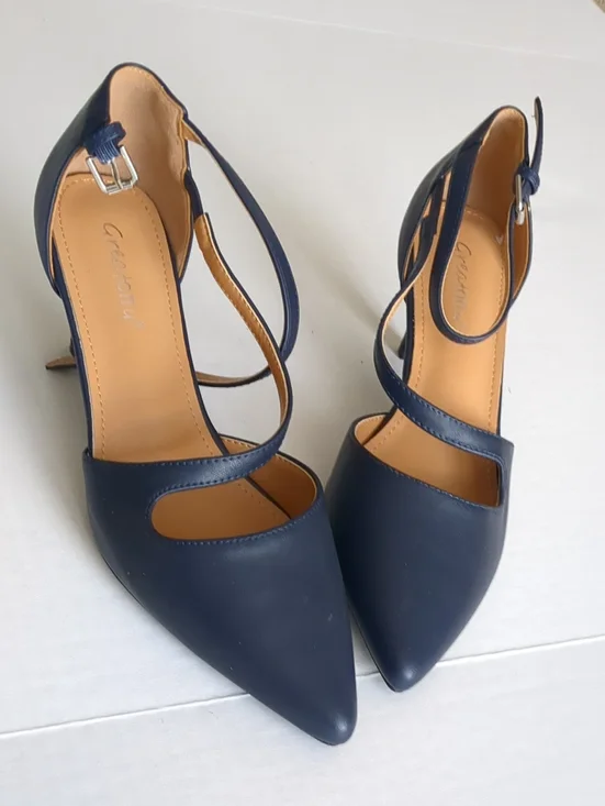 Strappy Pointed-Toe Ankle-Strap Heels in Navy