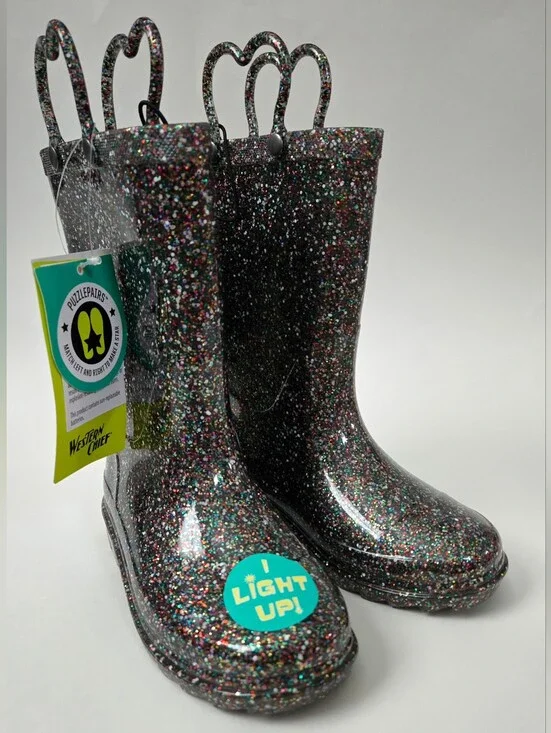NEW Western Chief Kids Abby Black Glitter Rain Boots Light-Up Waterproof Size 11