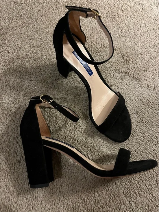Stuart Weitzman Black Suede Ankle-Strap Block Heel Sandals