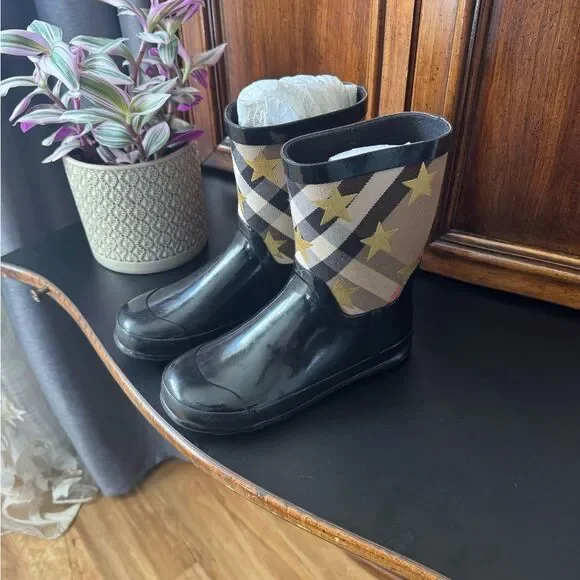 Burberry Black Gloss Rain Boots with Gold Star & Plaid Accent