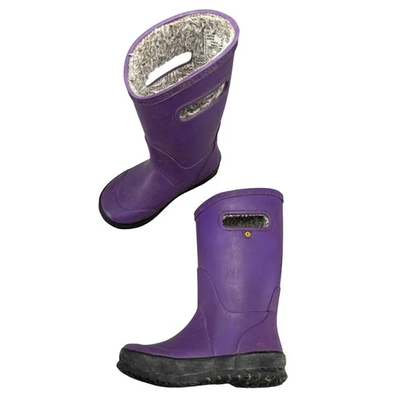 Bogs Kids Rain Boots Plush Purple Rubber Waterproof Insulated Winter Size 12