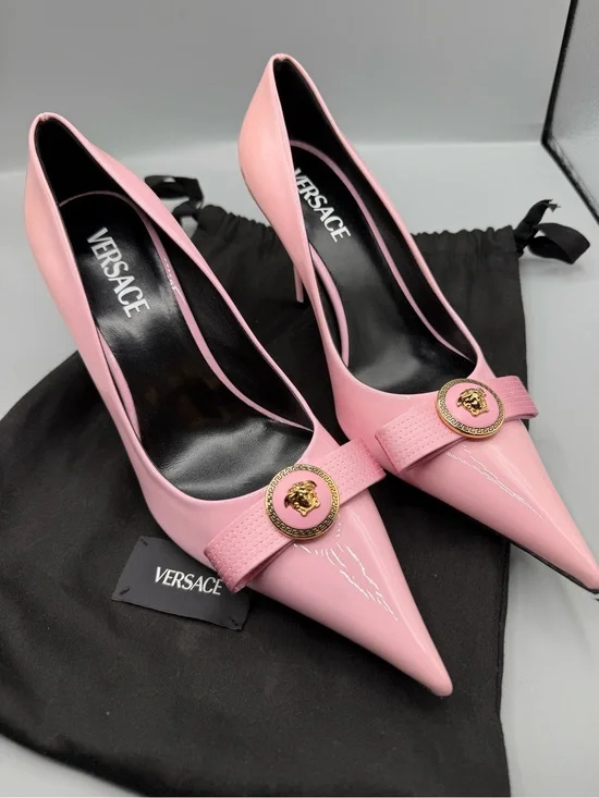 Versace Pink Patent Pointed-Toe Stiletto Pumps with Gold Medusa