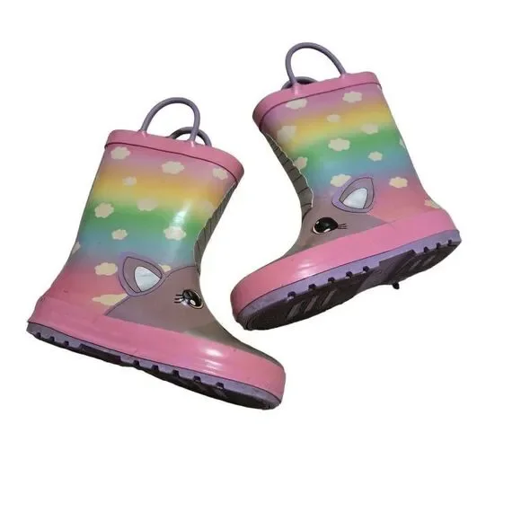 Unicorn Kids Rubber Rain Boots Size 9/10 Childrens Slip on Pink handled