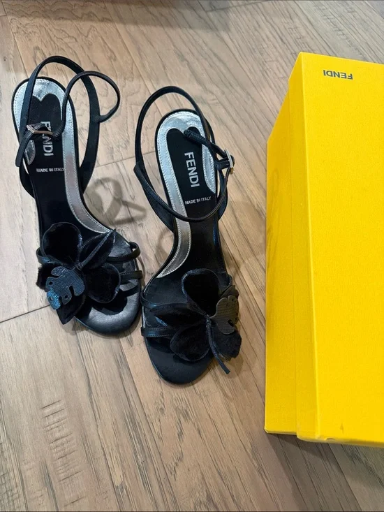 Fendi Black Floral Appliqué Strappy Heels
