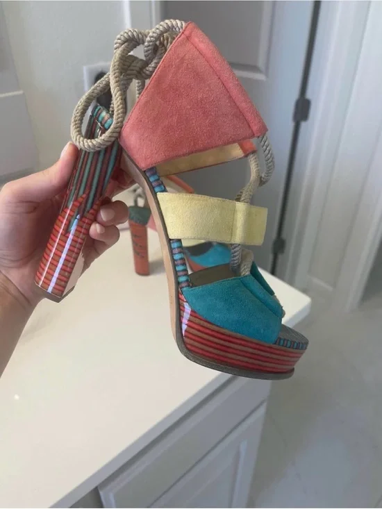 Jimmy Choo Multicolor Suede Platform Heel in Coral, Teal & Yellow
