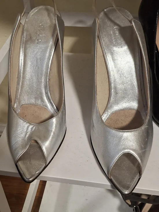 Gucci Silver Metallic Peep-Toe Slingback Heels