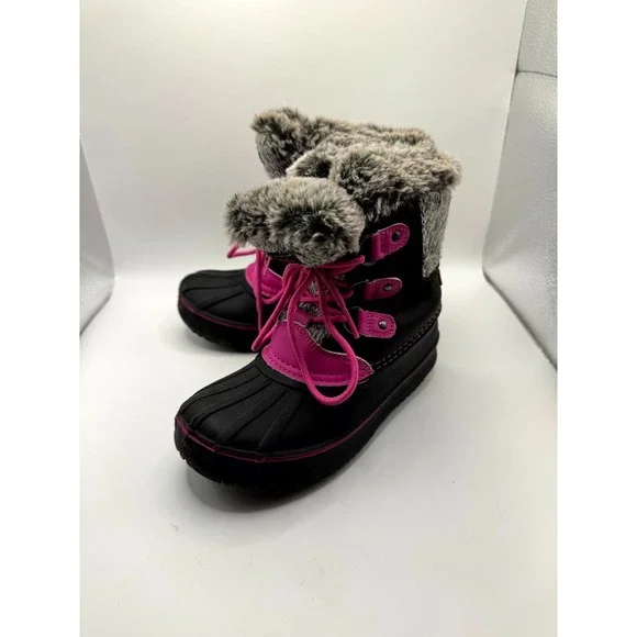 London Fog Tottenham Girls 13 Black Pink Faux Fur Lace Up Winter Snow‎ Boots