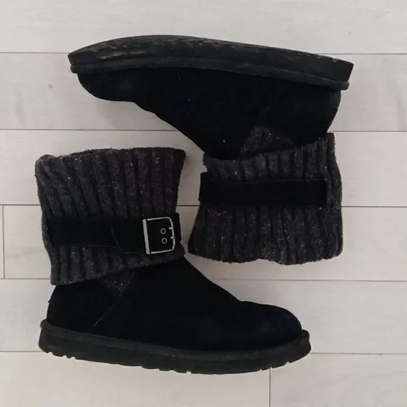 UGG Australia Kids Black Cambridge Knit Foldover Mid-Calf Boots Size 8