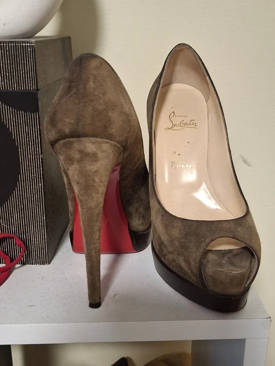 Christian Louboutin Brown Suede Peep-Toe Pumps