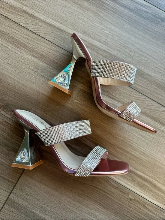 Crystal-Embellished Rose Pink Metallic Block Heel Sandals Brand New w/ Box