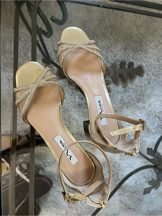 Nina Gold Rhinestone Strappy Low Heel Sandals