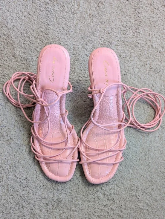 Circus NY Sam Edelman Size 9M Blanche Pink Crocodile Lace Up Strappy Heel