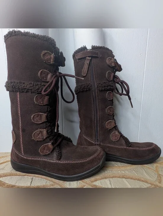 Timberland Girl’s Brown Suede Leather Lace-Up Boots Pink Accent Stitching Size 2