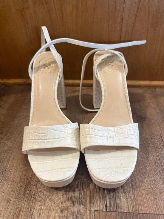 Vince Camuto Women's White Croc-Embossed Ankle-Strap Block Heel Sandals