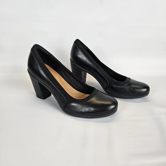 Clarks Black Leather Block Heel Pumps