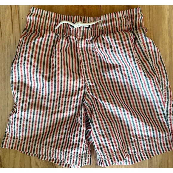 Old Navy Boys Medium 8 Red White Navy Striped Seersucker Swim Trunks Shorts