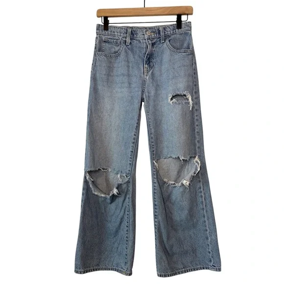 Old Navy Girls High Rise Baggy Wide Leg Denim Jeans Size 14 Blue Distressed