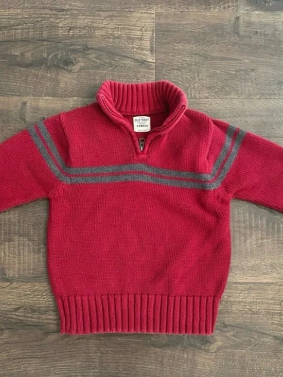 Old Navy Red Men's Zip Mock-Neck Sweater with Gray Stripes