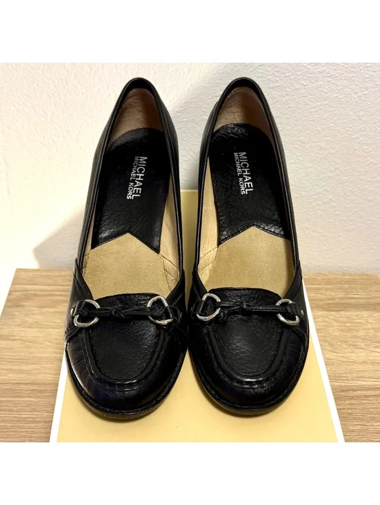 Michael Kors Westside Mid Moc Black Leather Loafers Pumps Heels Size 8.5 M Box