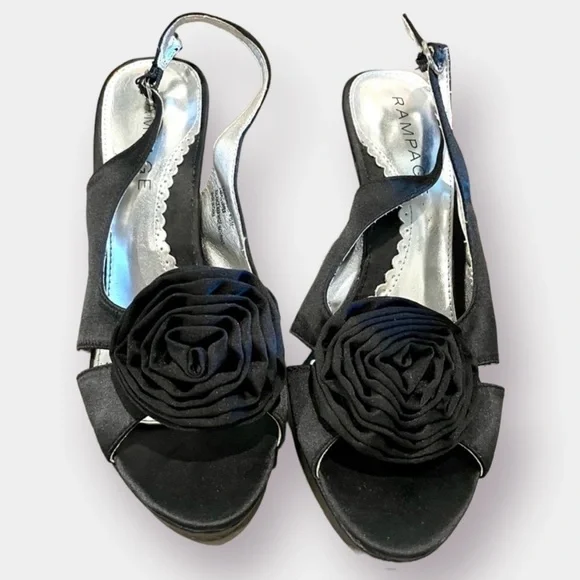 Rampage Black Satin Rosette Heels Sandal Size 8.5