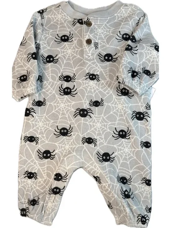 Old Navy 0-3m NWT Spider web waffle weave 1pc romper Halloween monster Fall gray
